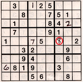 Sudoku grid partially filled with the 8 in r5c7 circled in red