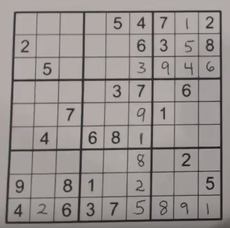 Partially filled sudoku grid