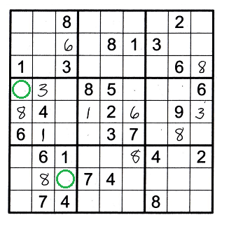 sudoku grid with identical twins in r4c1 and r8c3 marked by green circles