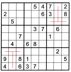 Sudoku puzzle partially filled with T patterns in box 3 and box 7