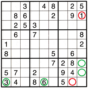 Sudoku grid with green and red circles to highlight specific cells