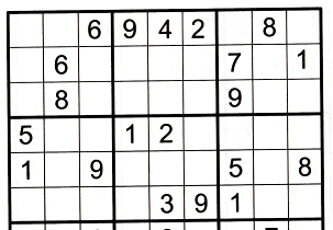 sudoku grid with four numbers missing in row 1 to illustrate solving the entire row (see the text below the image for how to find the four numbers)