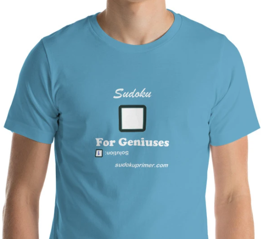 A picture of a sudoku t-shirt with the text 'Sudoku For Geniuses' with a 1-cell sudoku grid and a 1 in it