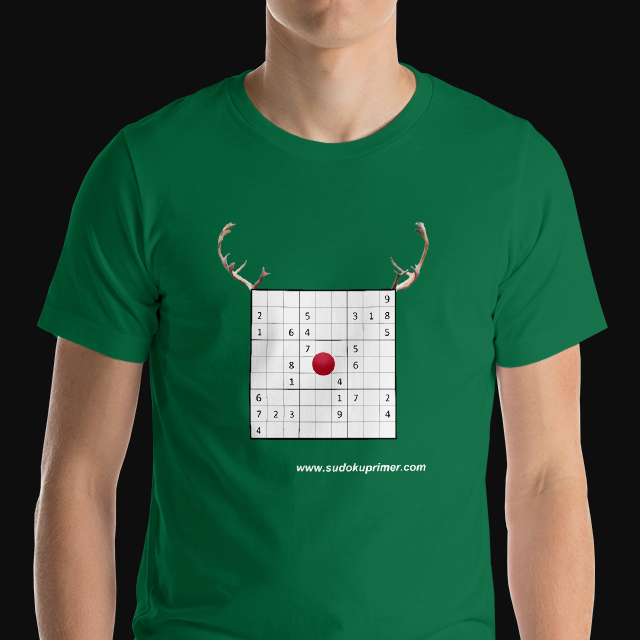 Christmas t-shirt with Rudolph's antlers and nose on a sudoku puzzle
