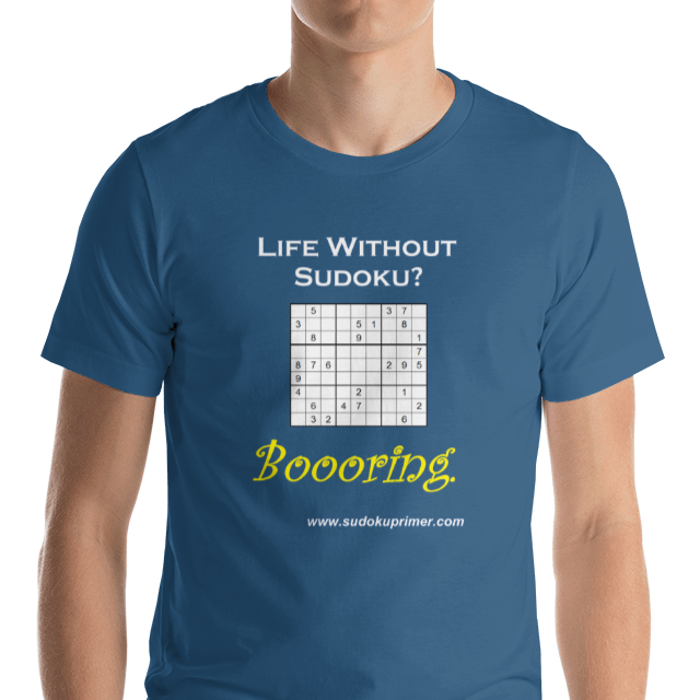 t-shirt with the text 'Life without sudoku? Boooring.'  and a sudoku grid