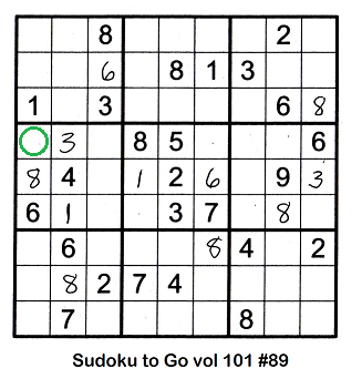 sudoku grid partially filled with the loner cell at r4c1 circled in green